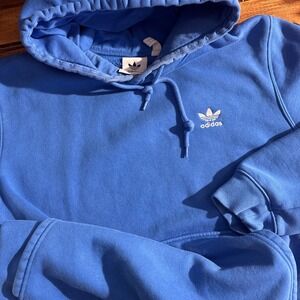 Adidas Hoodie Sweatshirt Men's Large Blue Retro Logo Fade Pockets *Ink Stain